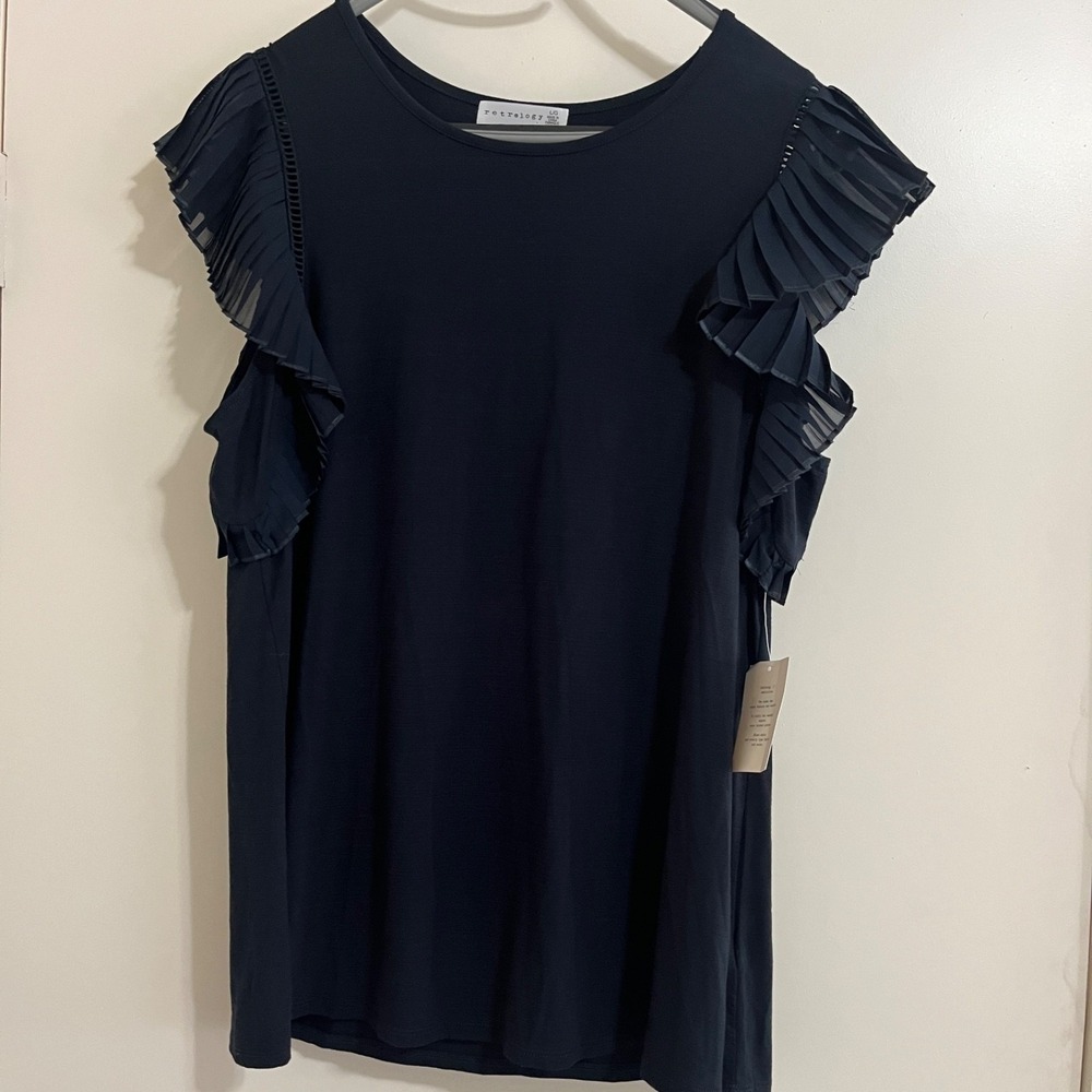 Retrology Ruffle Flutter Sleeve Top Large Black Pleated Blouse‎ Business Casual